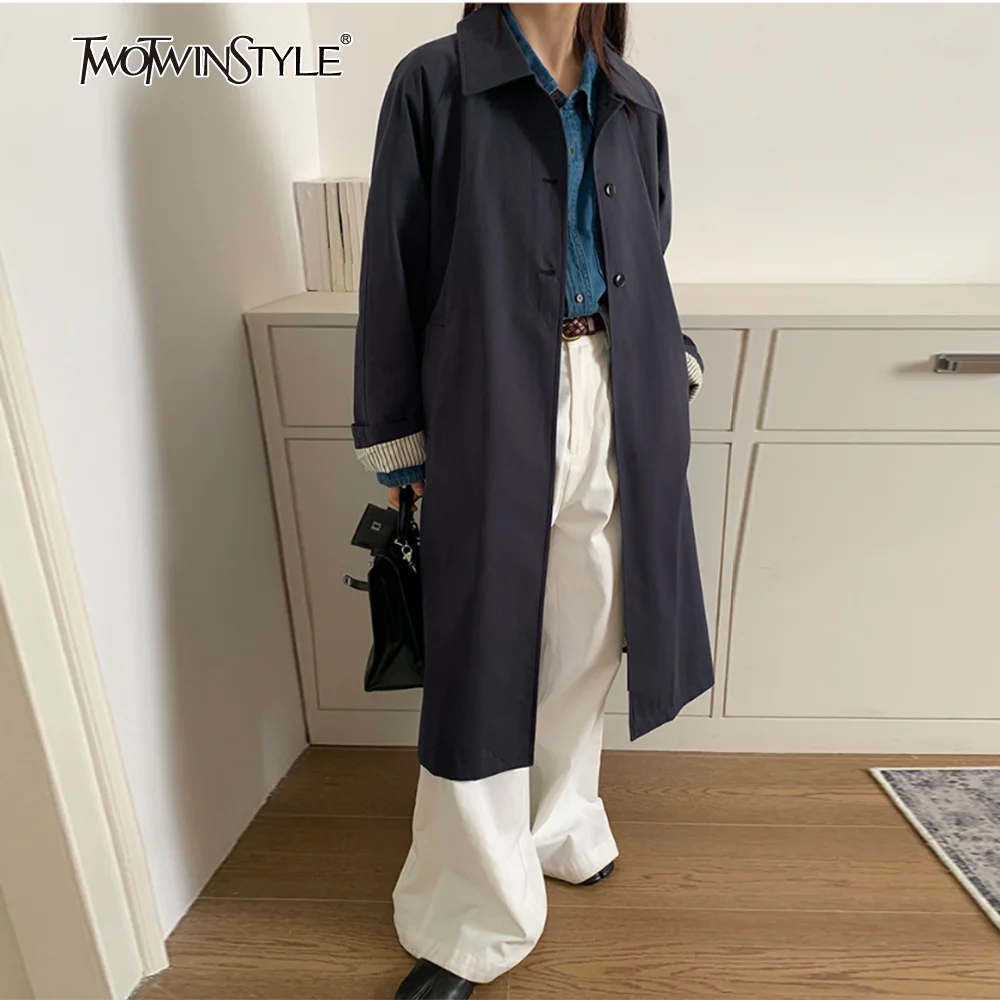 

TWOTWINSTYLE Solid Spliced Button Minimalist Trench for Women Lapel Long Sleeve Temperament Long Coat Female Fashion
