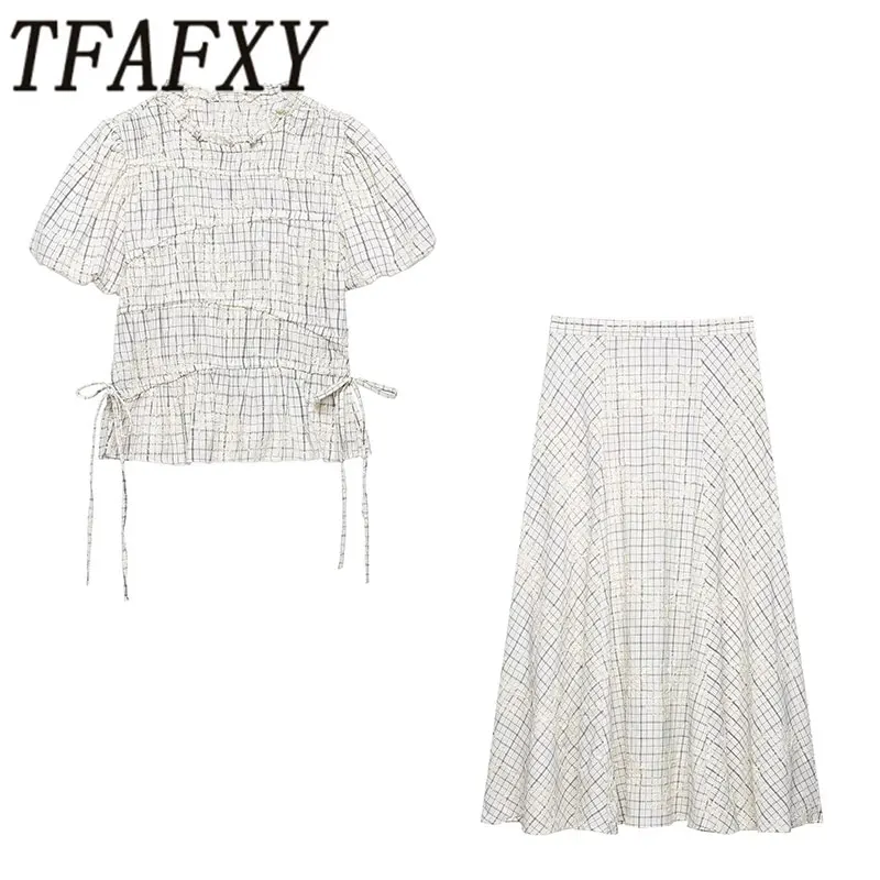 TFAFXY 2026 Summer Bow Plaid Embroidered Blouse Women Sets A-line Midi Long Skirt Suits Y2K