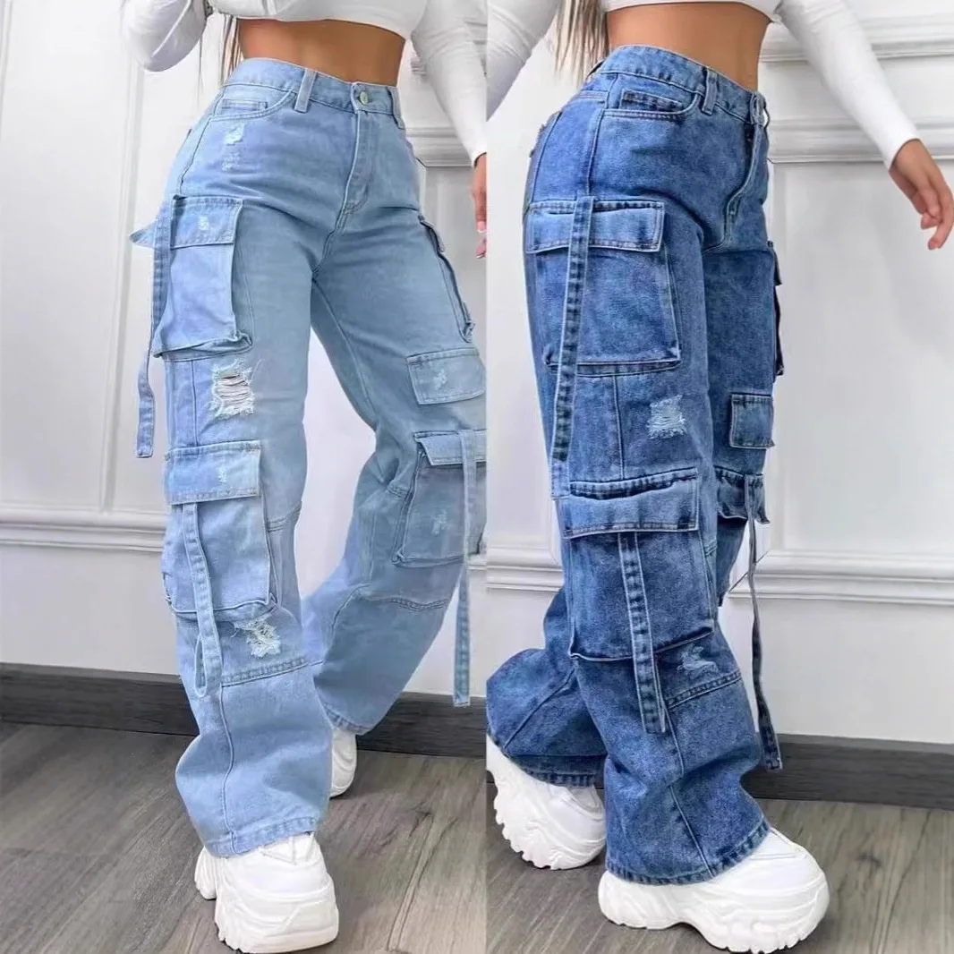Plus Size Women's High Waist Cargo Denim Jeans High Street with Full Rhinestones Sparkling Baggy Pants Streetwear Chic Trousers