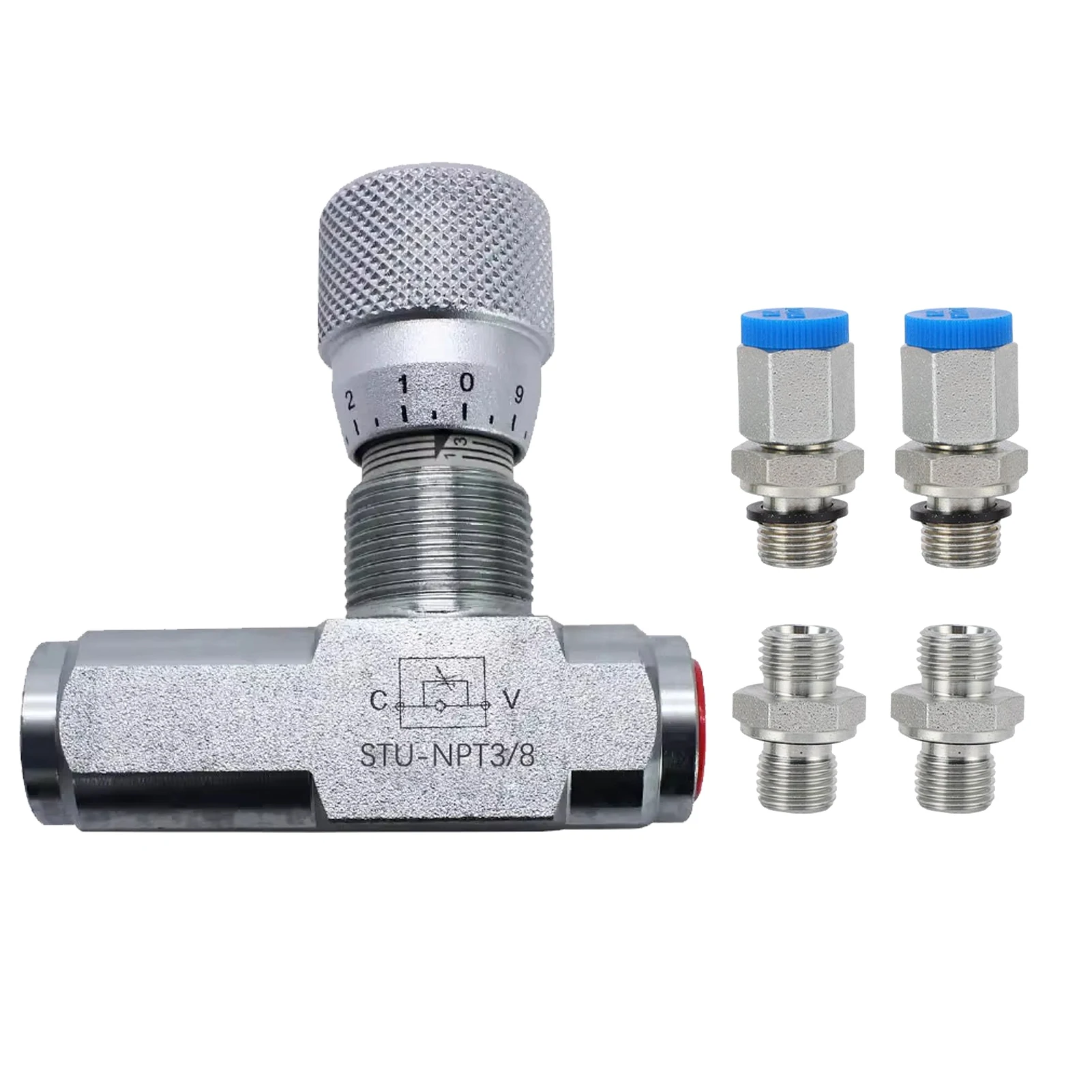 Hydraulic Flow Control Valve One-Way Adjustable For G1/4 Pipe With 4 Adapters High Pressure Fluid Regulator For Industrial Tools