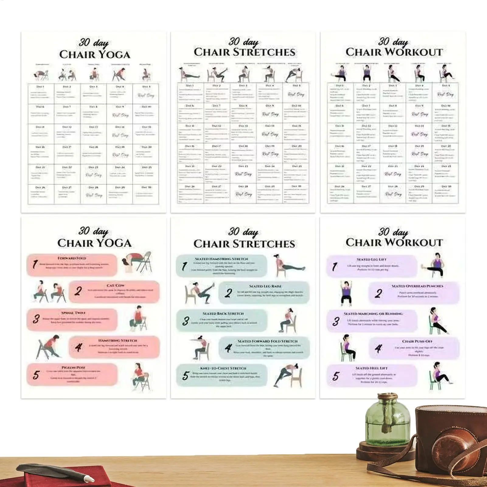 Chair Yoga Kit 30-Day Workout 6PCS Exercise Set With Guide Book Seated Fitness Program For Beginners Seniors Home Office Travel