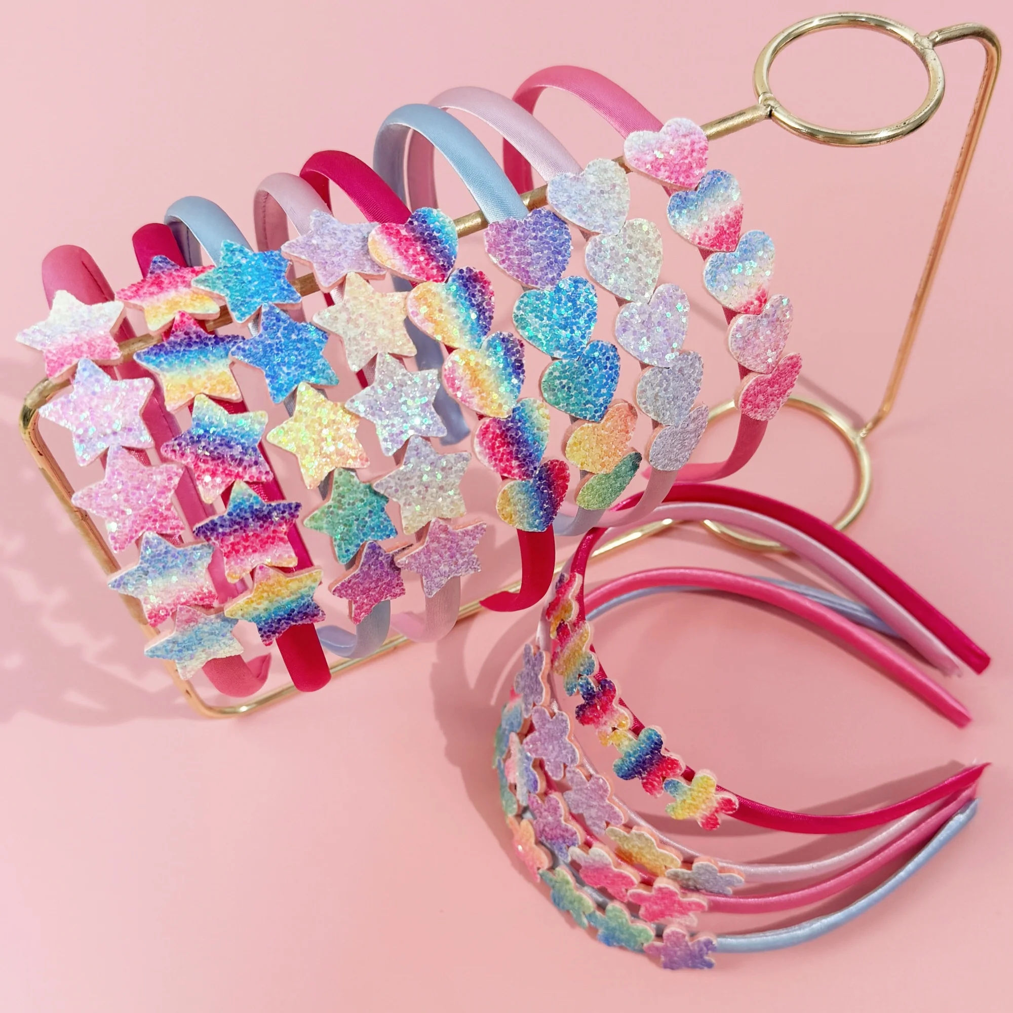 4/12PCS Regenbogen Herz Stirnbänder für Mädchen Sparkly Star Stirnband Kunststoff Satin Haarbänder mit Blume Kinder Kinder Kopfbedeckungen