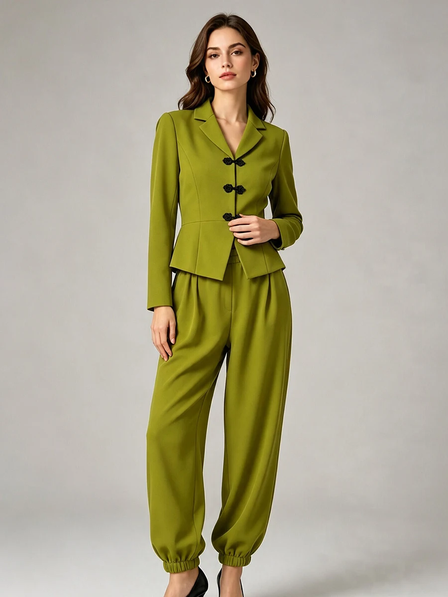 LIMO Women Chinese Frog Button Blazer Outfit Notched Collar Jacket Elastic Cuff Jogger Pants Vintage Office Matching Suit Set