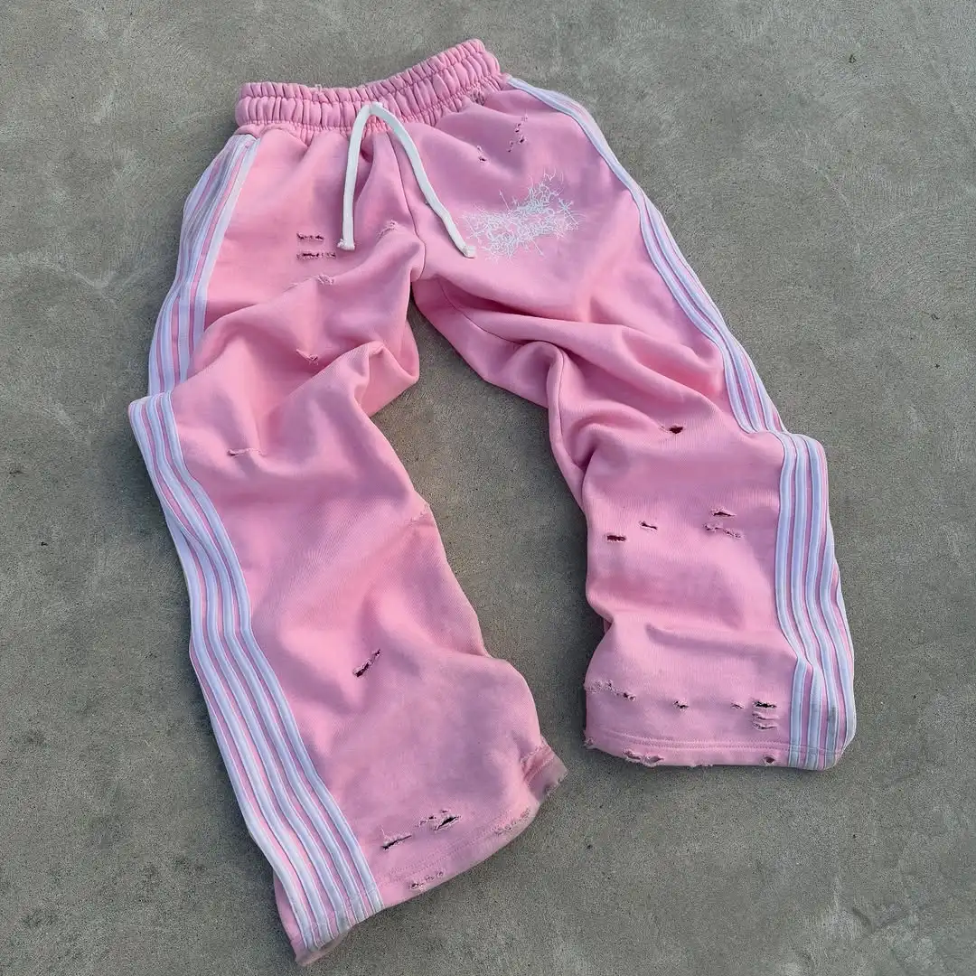 Novo y2k personalizado listra lateral impressão cordão calças retas homem roupas moletom tendência de rua solto casal calças casuais