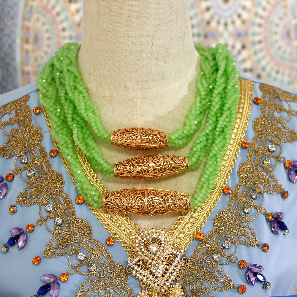 Sunspicems Handmade 3 Layers Beaded Necklace Mintgreen Natural Stone Necklace Choker Algeria Morocco Caftan Gold Color Jewelry