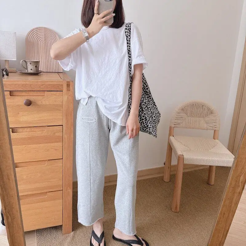 Summer Women French Terry Joggers Asymmetric Patchwork Distressed Hem Ankle Length Sweatpants Casual Streetwear Pants
