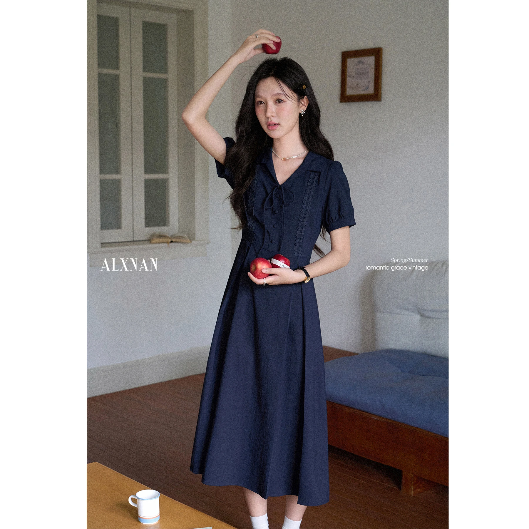 

ALXNAN Women Dress Dark Blue Elegant V-neck Office Lady Short Sleeve Dress 2025 Summer Holiday Casual Female Clothing DYL661979