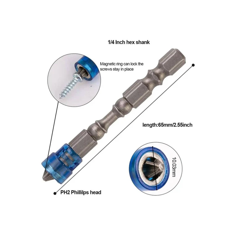 5Pcs Magnetic Screwdriver Bit Cross-head PH2 Magnetic Screwdriver Bits 1/4 Inch Hex Shank Drywall Electric Screwdriver Set