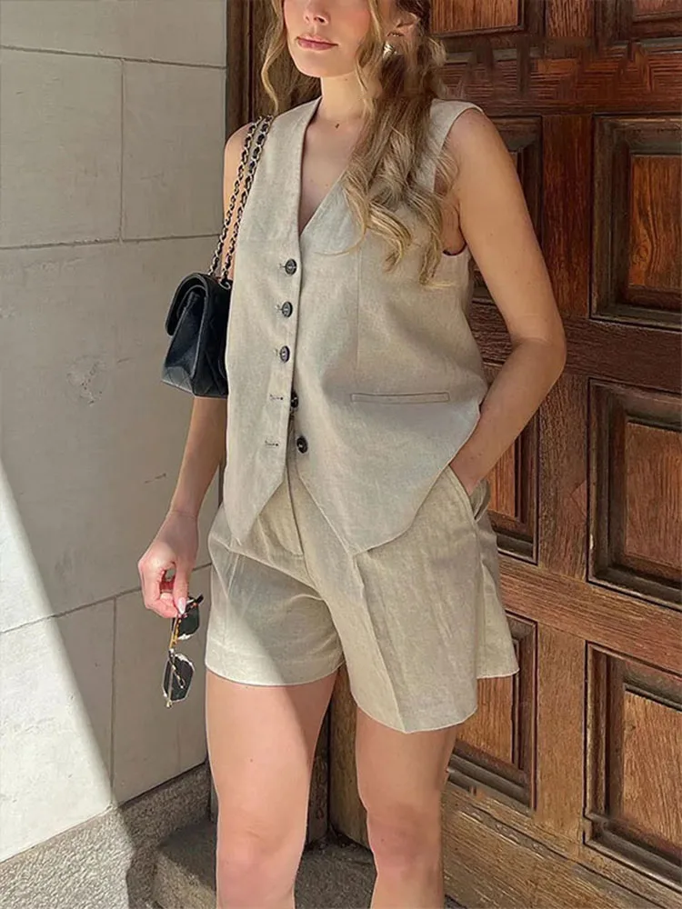 HH-Conjuntos Vintage de moda para mujer, 2 piezas, chaleco de lino liso con cuello de pico, chaleco holgado de una sola botonadura, Top corto informal elegante Y2k