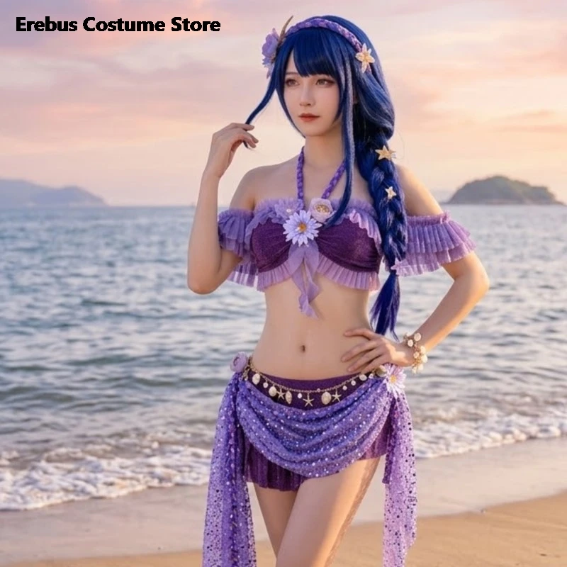 

Erebus Costume Genshin Impact Raiden Shogun Purple Exotic Swimsuit Anime Cosplay Hot Spring Two Piece Bathing Summer Swimsuit C