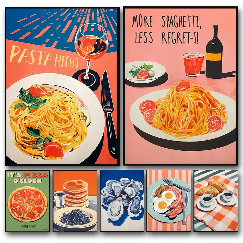Vintage Food Poster Eggs Bacon Spaghetti Pancakes Seafood Cheese Canvas Painting Wall Art Picture Kitchen Restaurant Home Dec