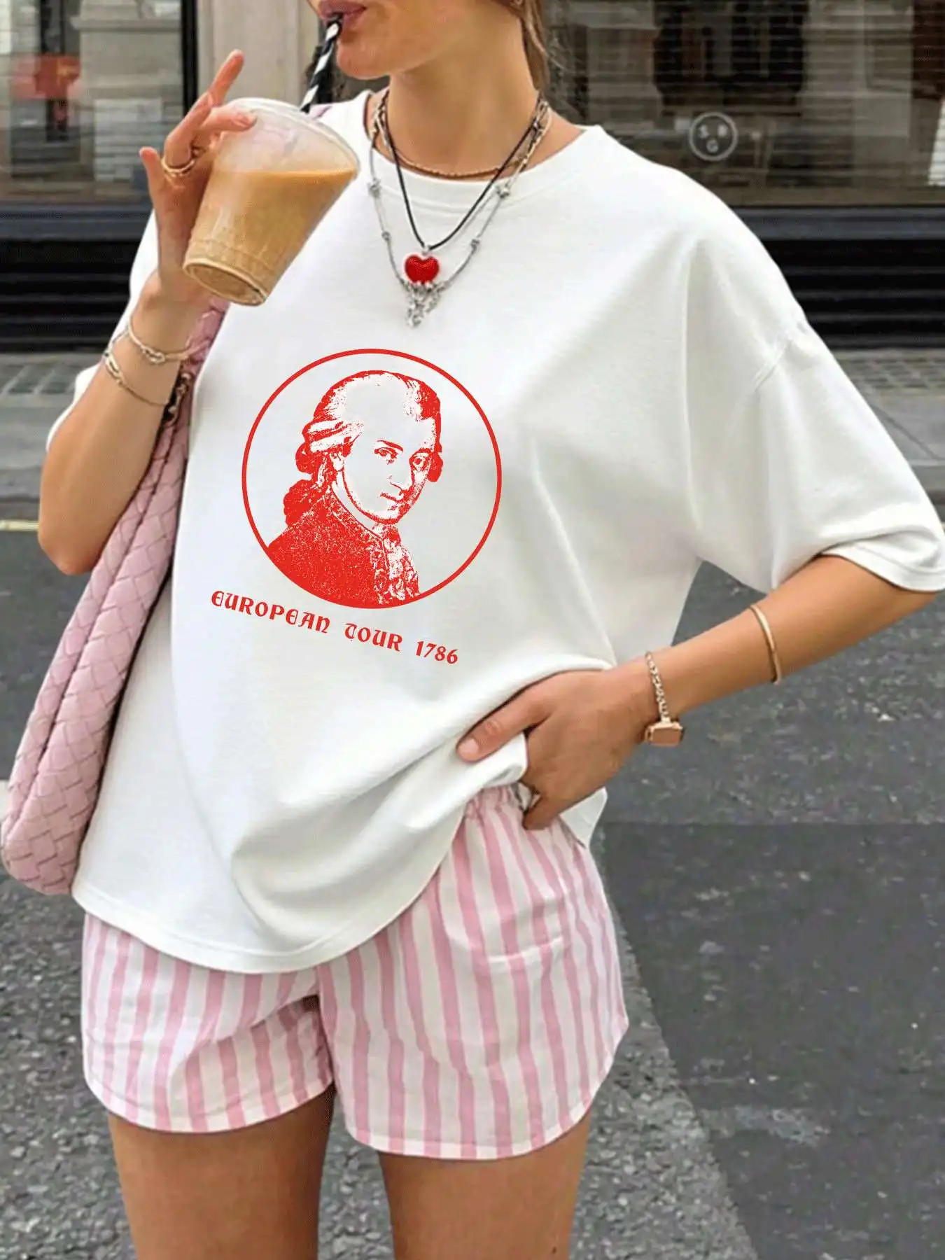 

【WY1316703】Portrait Plus size women's round neck short sleeve T-shirt with elastic half sleeves and trendy prints