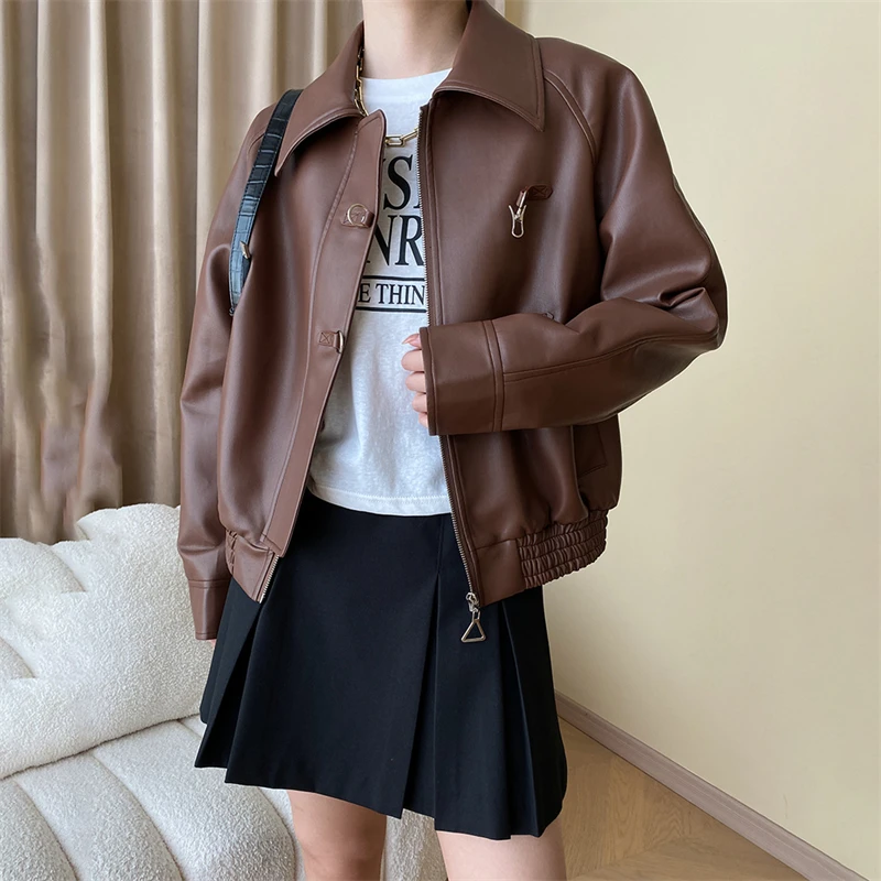 

American Early Autumn Easy To Adjust Metal Buckle Leather Jacket Motorcycle Loose Black Coffee Lapel Jacket Women's Clothing