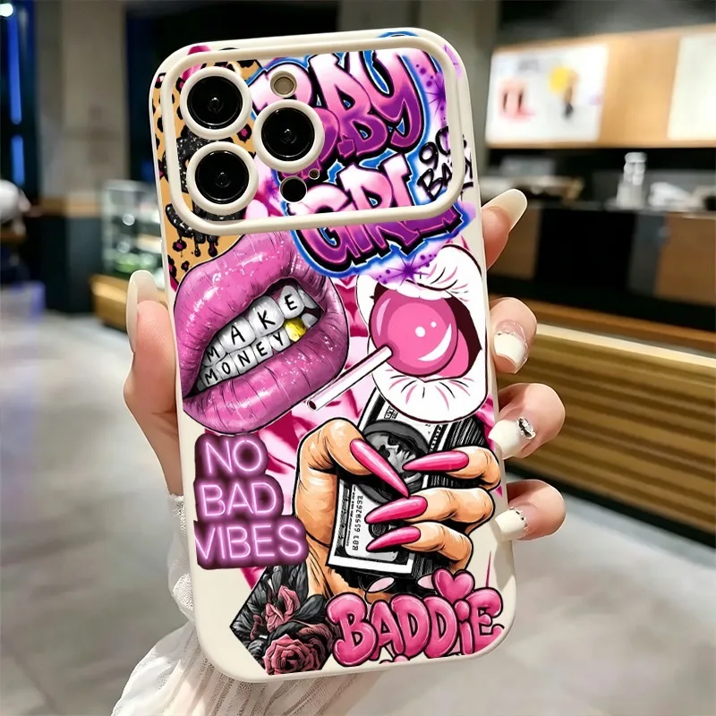 Hip Hop Pink Lips Baby Girl Graffiti Print Phone Case For iPhone 17 16 15 14 13 12 11 Pro Max Plus Soft Shockproof TPU Cover view 5
