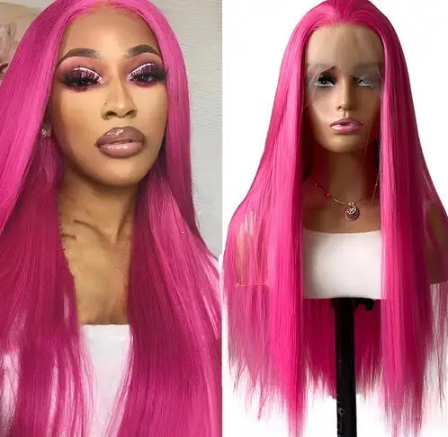 Rose Pink Straight Synthetic Lace Wig Glueless Wigs For Women Natural Hairline Daily Wear Long Pink Wig Cosplay Part Front Hair