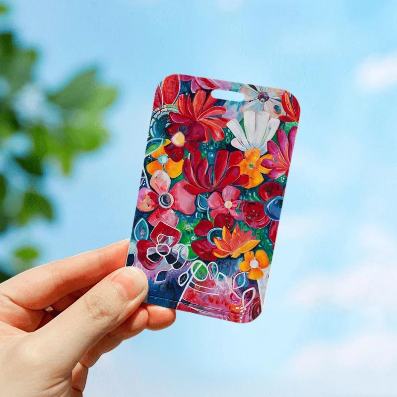 Student ID Card Holder Red Yellow Blue Flowers for Bus Campus Lunch Card Women Badge Holder Keychain Transparent Card Holder