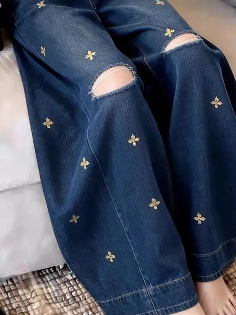 

Light Wash High Waist Wide Leg Jeans Women's Spring 2026 New Design Hole Loose Drapey Straight Long Pants Casual Denim