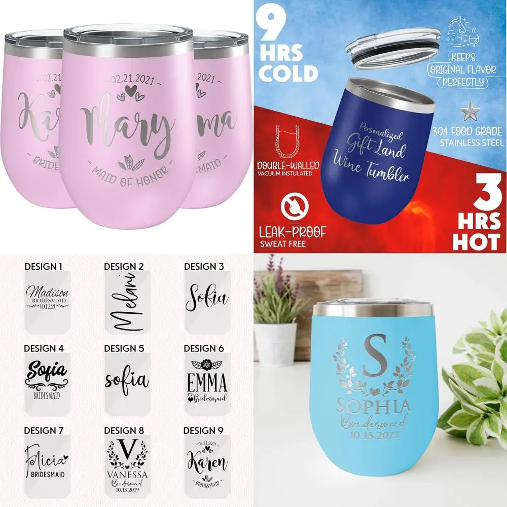 

Набор из 3 стаканов для вина подружки невесты по индивидуальному заказу с крышкой, 12 унций светло-розового цвета — свадебный подарок для девичника, изготовленный на заказ без ножки