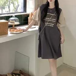 Casual Contrasting Colors Midi Dress Summer Korean Spliced Chic Fake Two Pieces Women's Clothing Basic Letter Straight Dresses