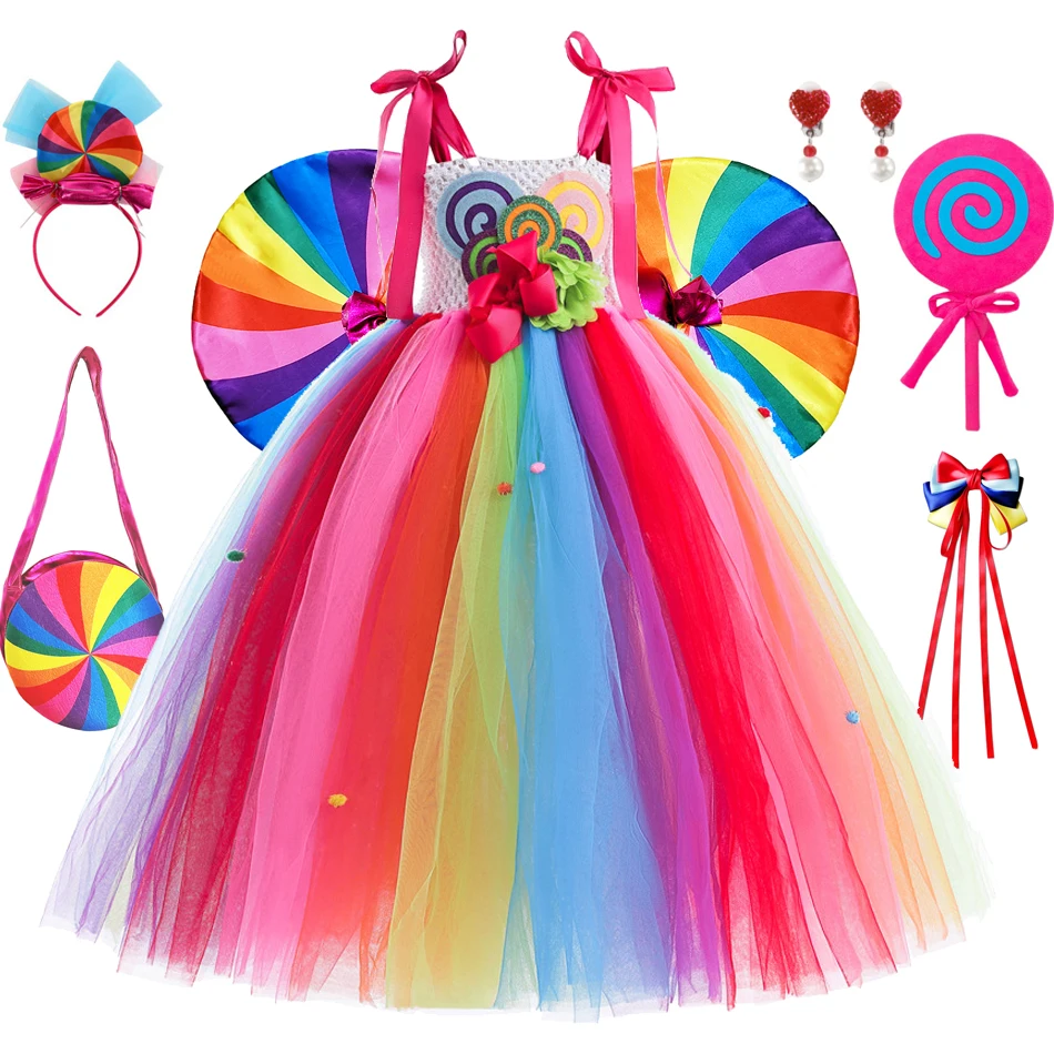 

Girls Candy Dress Children Rainbow Lollipop Tulle Tutu Kids Purim Festival Stage Performace Princess Costumes