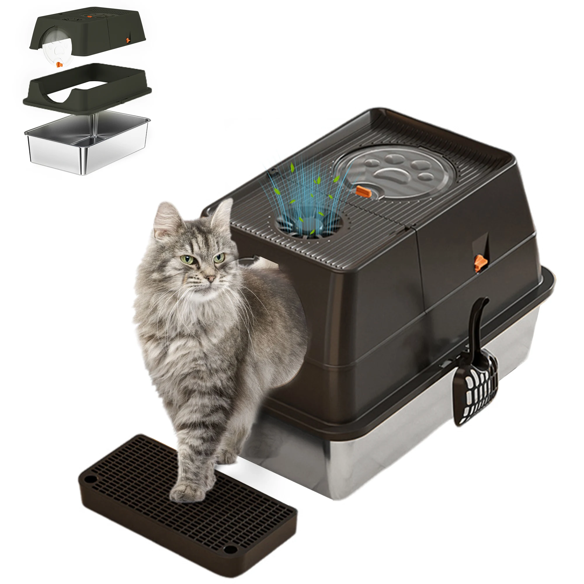 

Stainless Steel Litter Box With Lid Large High Sided Cat Litter Tray Enclosed Litter Box With Cat Litter Mat Scoop Detachable