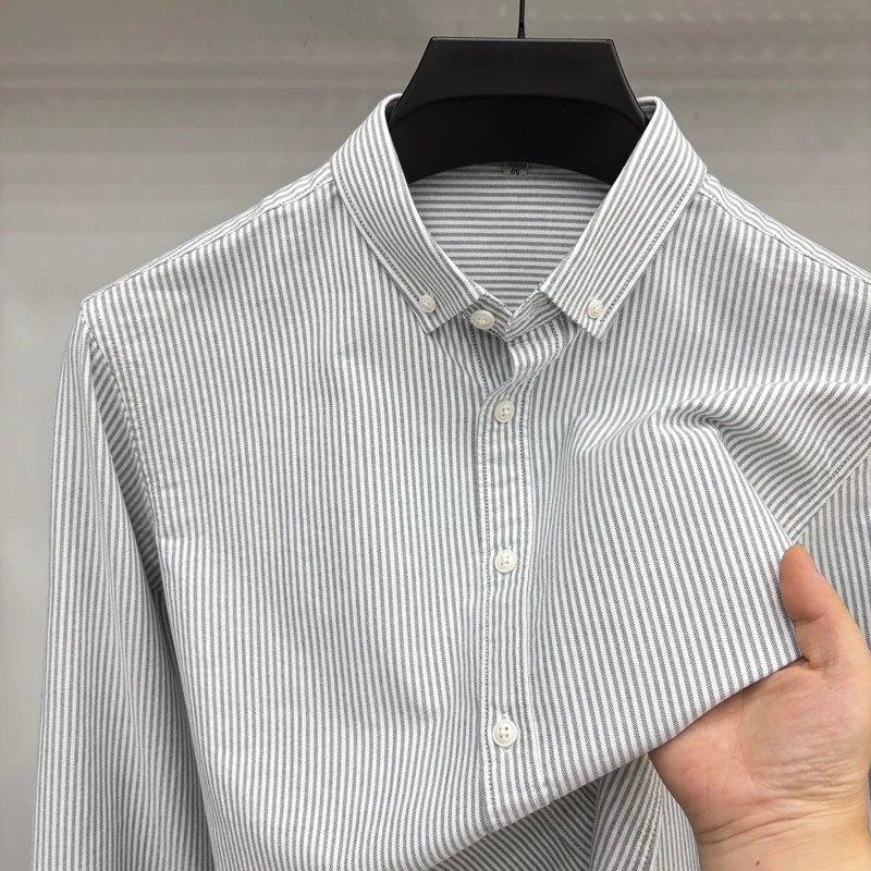 Autumn Men's New Arrival 100% Pure Cotton Long Sleeve T-Shirt Solid Color Vertical Stripes Long Sleeve Shirt Luxury Men's Wear