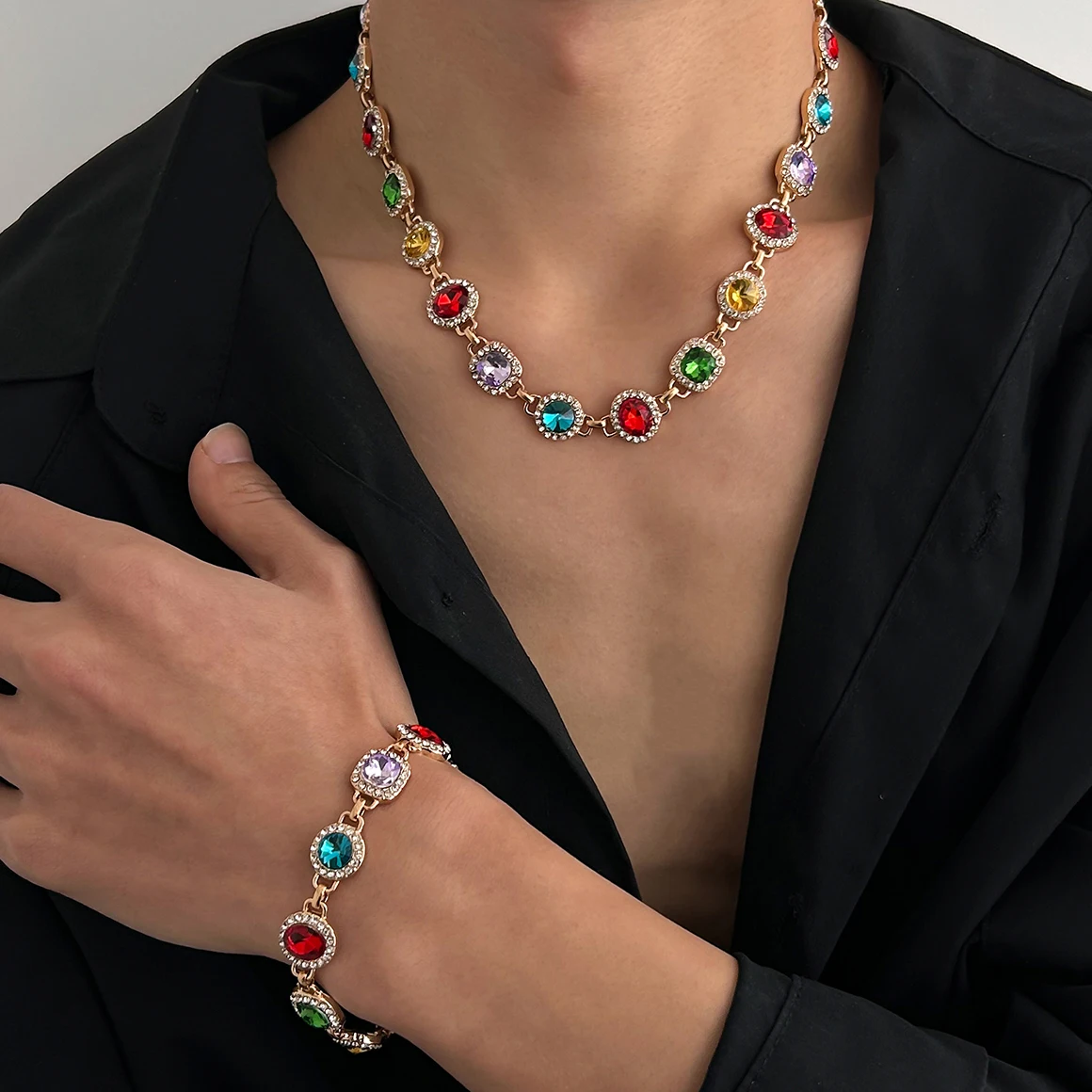 

Lacteo Gothic Colorful Iced Out Rhinestone Necklace Bracelet Suit for Women Men Luxury Grunge Jewelry Steampunk Male Gift New