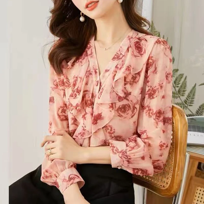 Women Stylish Floral Print Ruffles Chiffon Blouses Office Lady Elegant Chic Commute Shirts Casual V Neck Long Sleeve Loose Tops