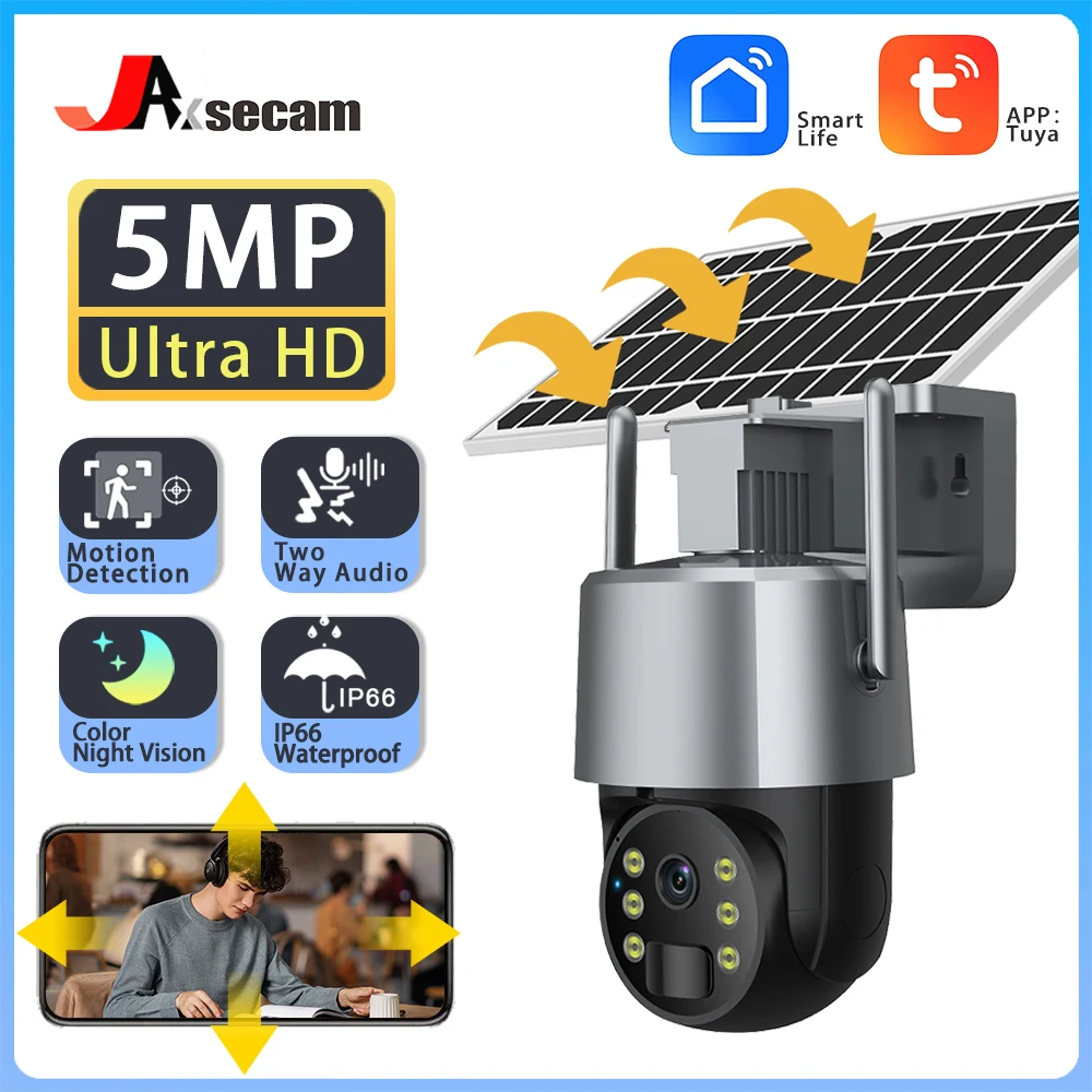 5MP HD Wireless Outdoor  Solar PTZ Camera CCTV Solar Panel Recharge Li-Batteries Surveillance Camera Works With Tuya APP