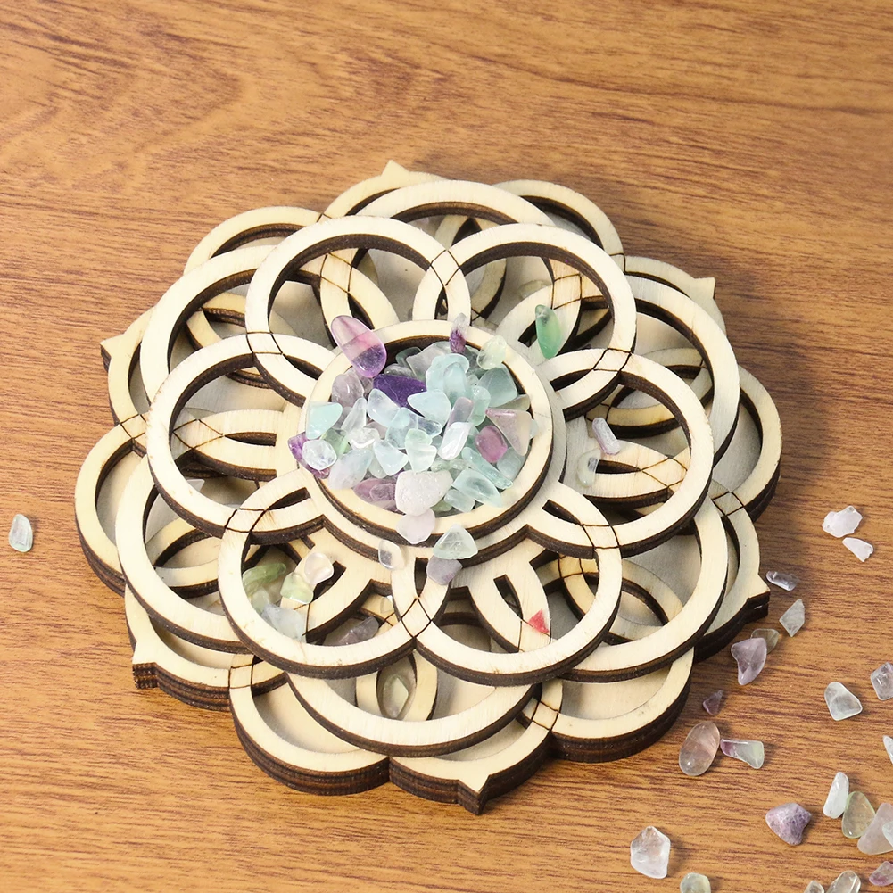 

Natural Wood Flower of Life Crystal Ball Quartz Stone Stand Lotus Flower Mandala Board Holder Meditation Healing Orgone Tray