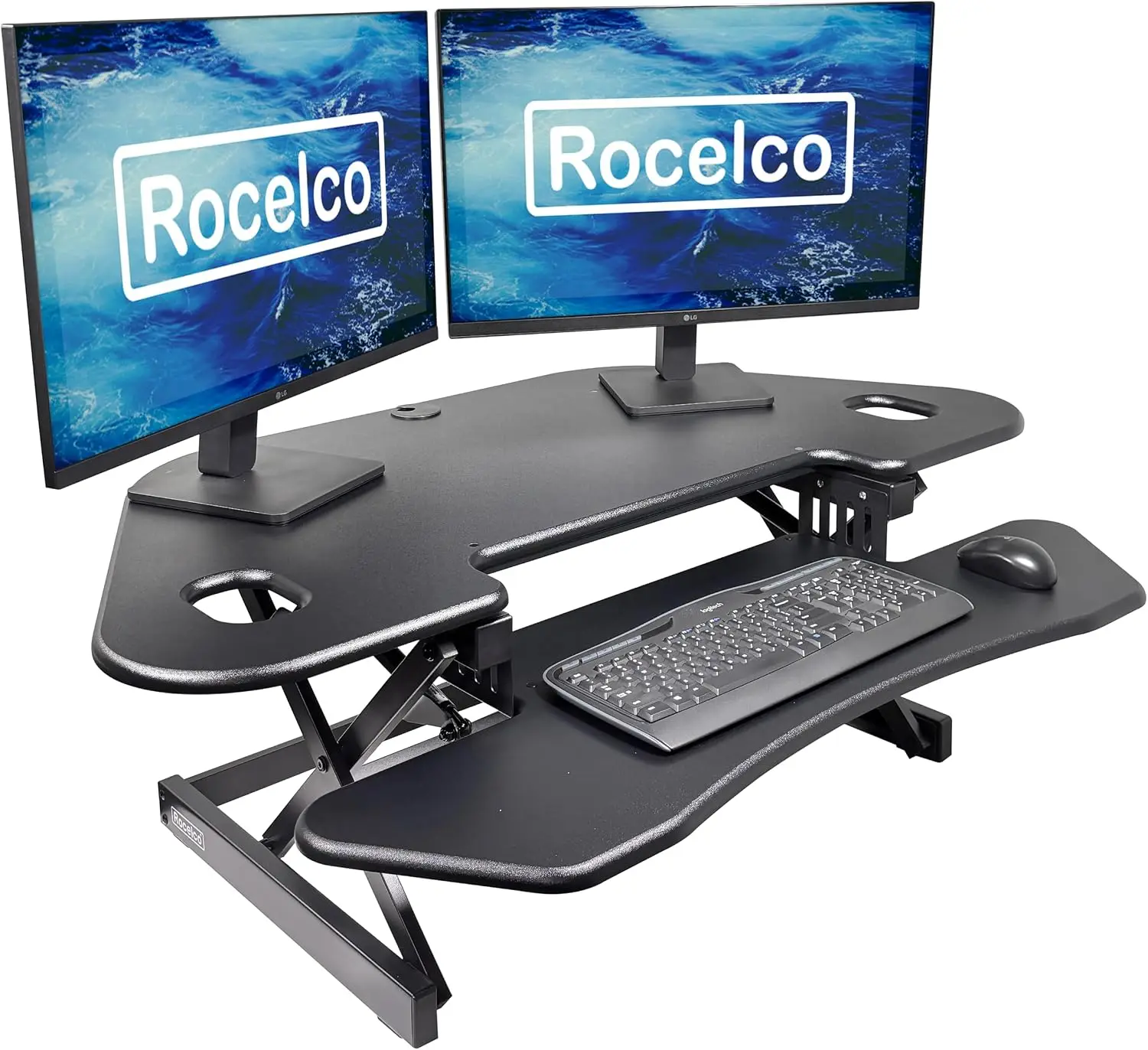 Height Adjustable Corner Standing Desk Converter Quick Sit Stand Up Dual Monitor Riser Gas Spring Assist Tabletop Computer Works