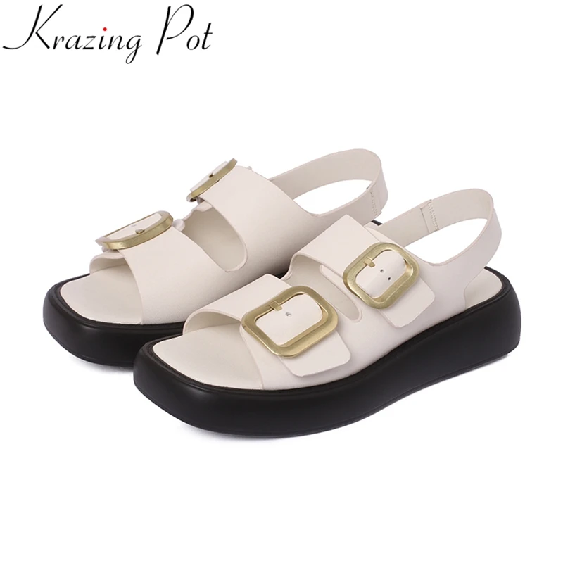 

Krazing Pot New Superstar Cow Leather Buckle Strap Summer Shoes Solid Casual Flat With Platform Office Lady Brand Women Sandals