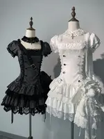 Aesthetic Gothic Skinny Short Sleeve Lolita Dress Women Summer Japanese Square Neck Lace Patchwork One-piece Dresses Female