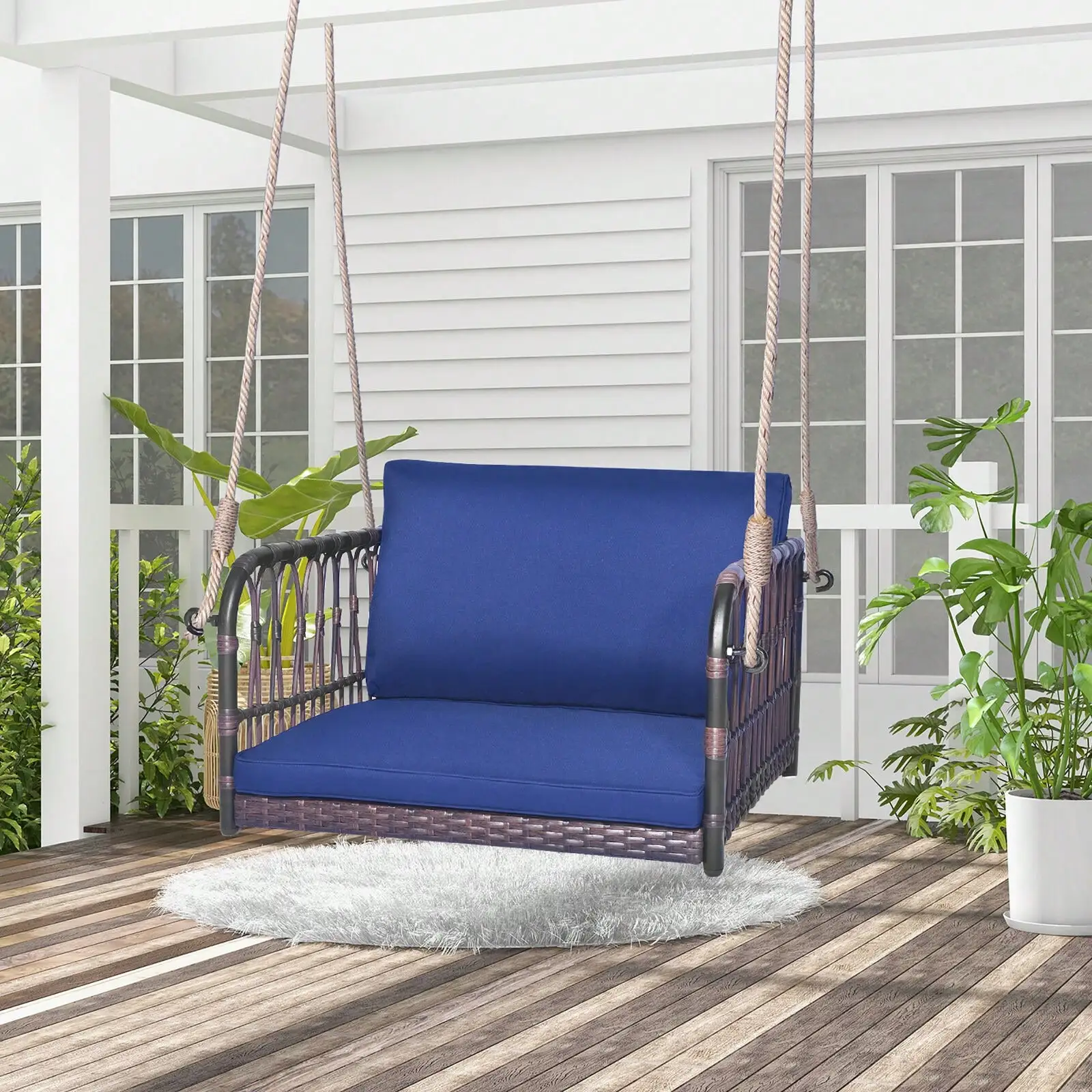 

Patio Rattan Porch Swing Single Person Hanging Seat w/Seat & Back Cushions