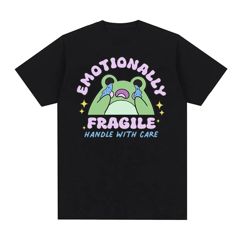 Emotionally Fragile Handle with Care Cute Frog Meme T Shirts Funny Men Women Casual Fashion Oversized Cotton T-shirt Summer Tops