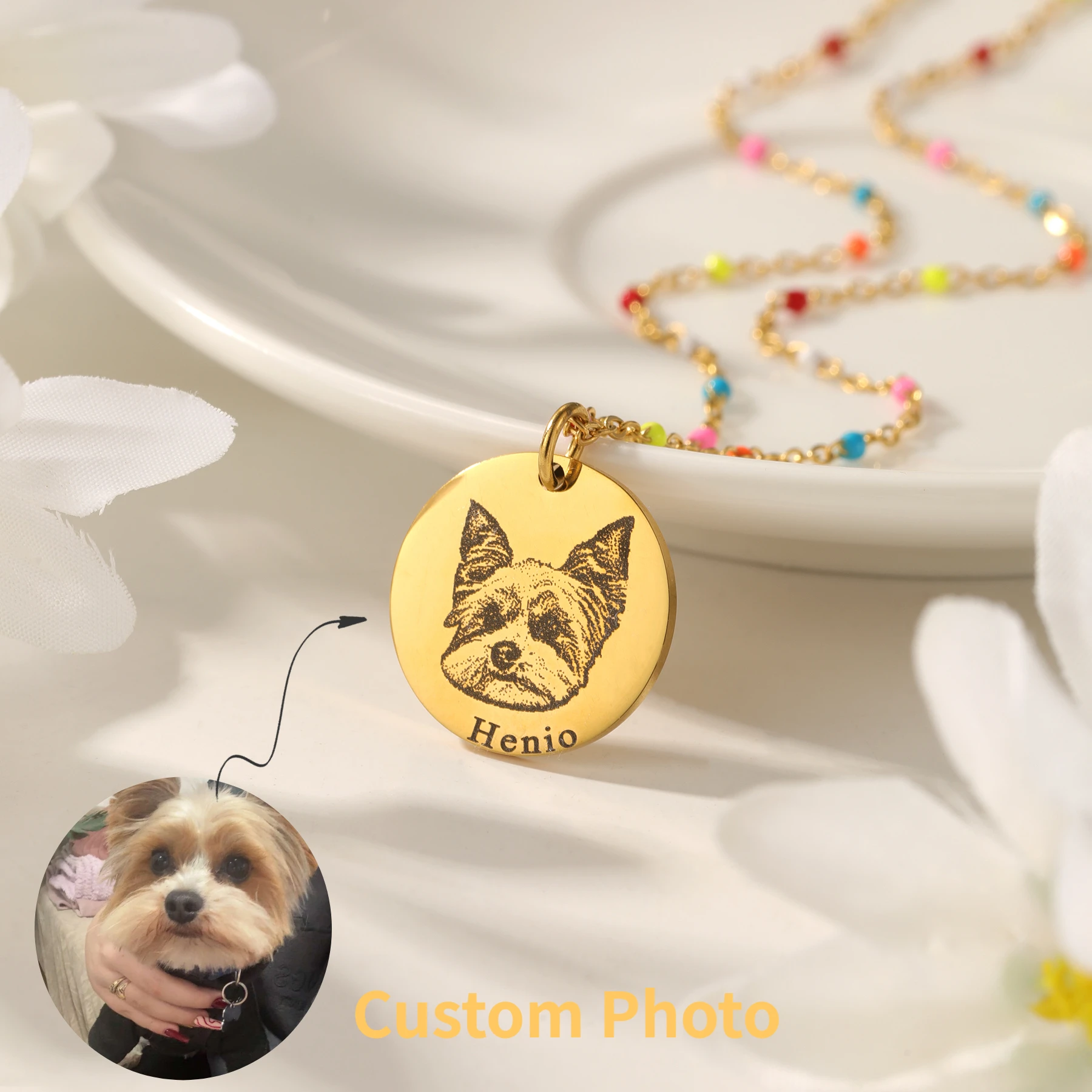 

Ожерелье на память о домашних животных на заказ, позолоченная красочная цепочка из бисера, круглая цепочка с портретом домашних животных, персонализированные украшения с гравировкой для любителей домашних животных