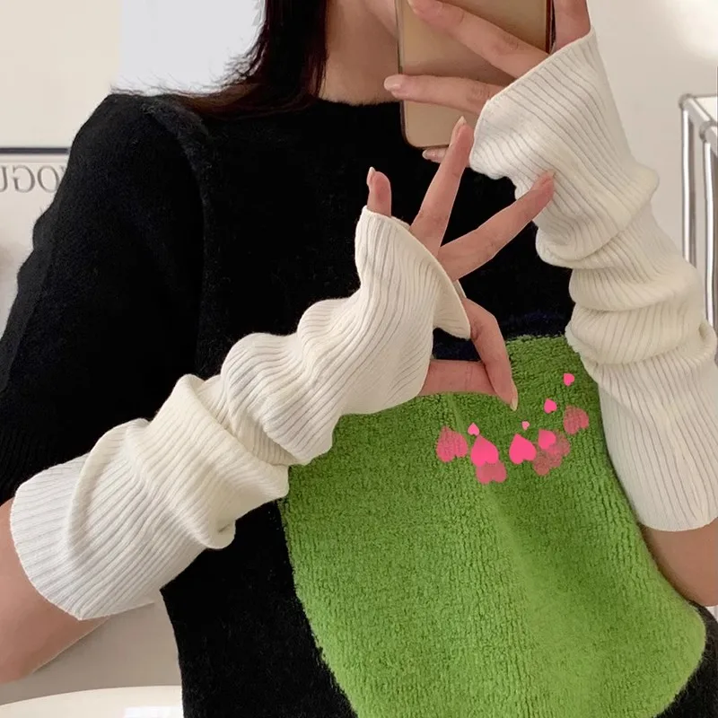 Lolita Fingerless Gloves Arm Warmers Gothic Women Knitted Kawaii White Black Hand Work Gloves Anime Cosplay Ankle Wrist Sleeves