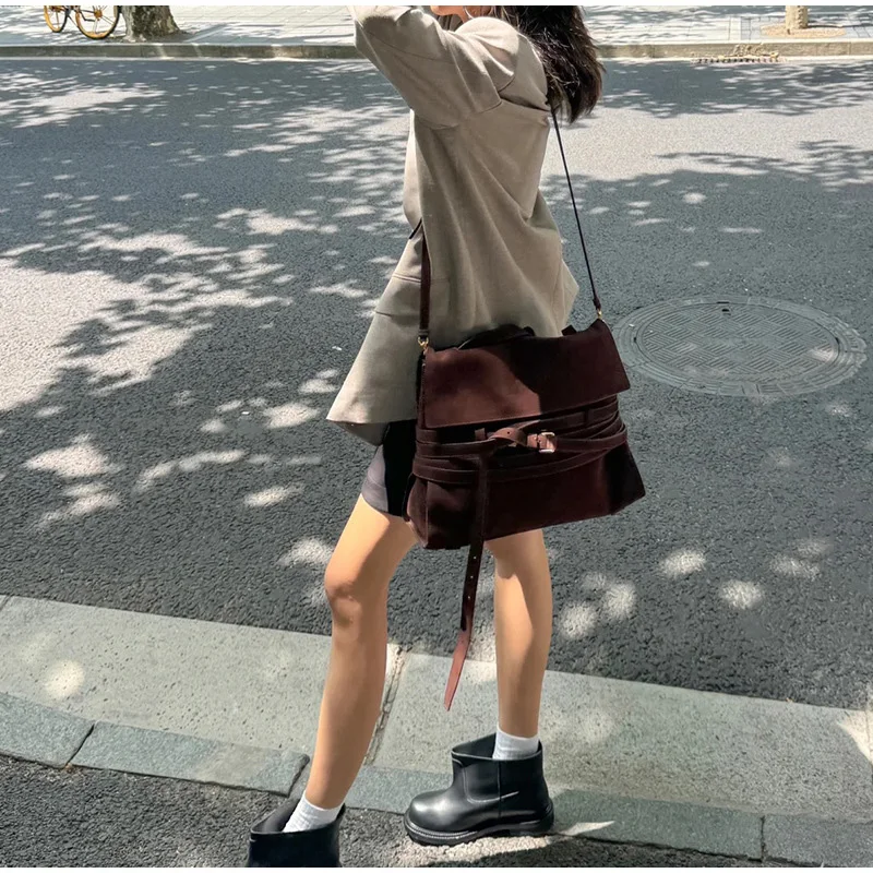 Casual Versatile Frosted Suede Belt Shoulder Underarm Bag Tote Bag Large Capacity Underarm Bag Versatile Tote Medium Bag Brown