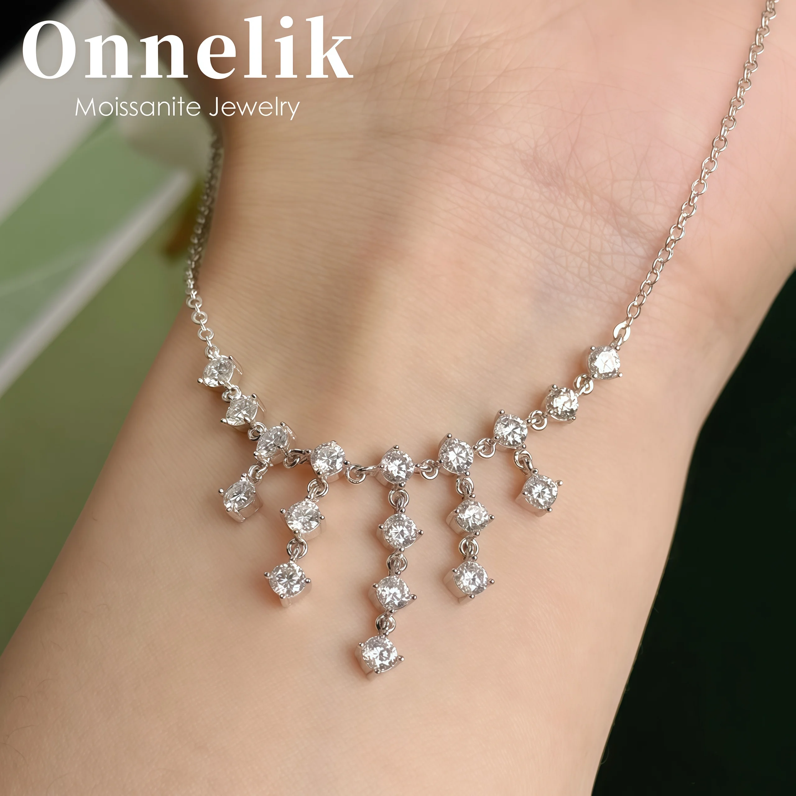 Onnelik Full Moissanite Round Tassel Pendant Necklace S925 Sterling Silver Sparkling Lab Diamond Wedding Jewelry Gift for Women