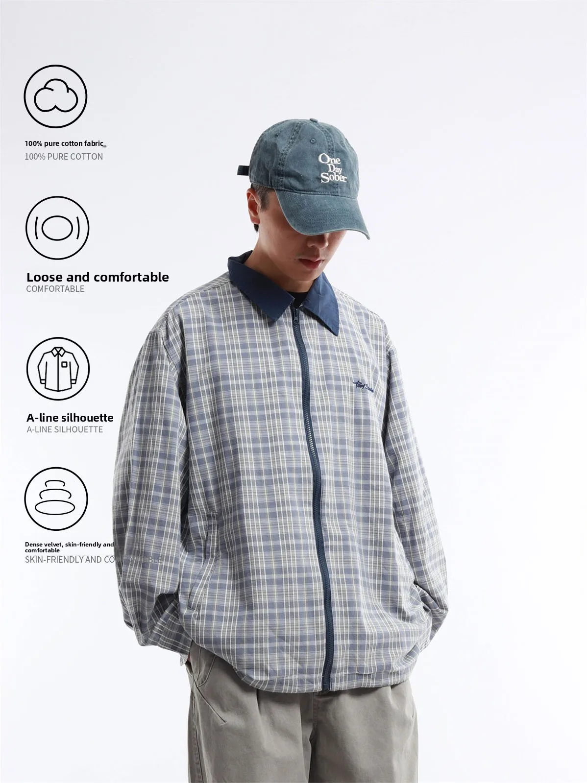 Retro Japanese Style Loose Fit Cotton Shirt Thin Blue Plaid Zipper Closure Drawstring Hem Men's Long Sleeve Short Length Yout...