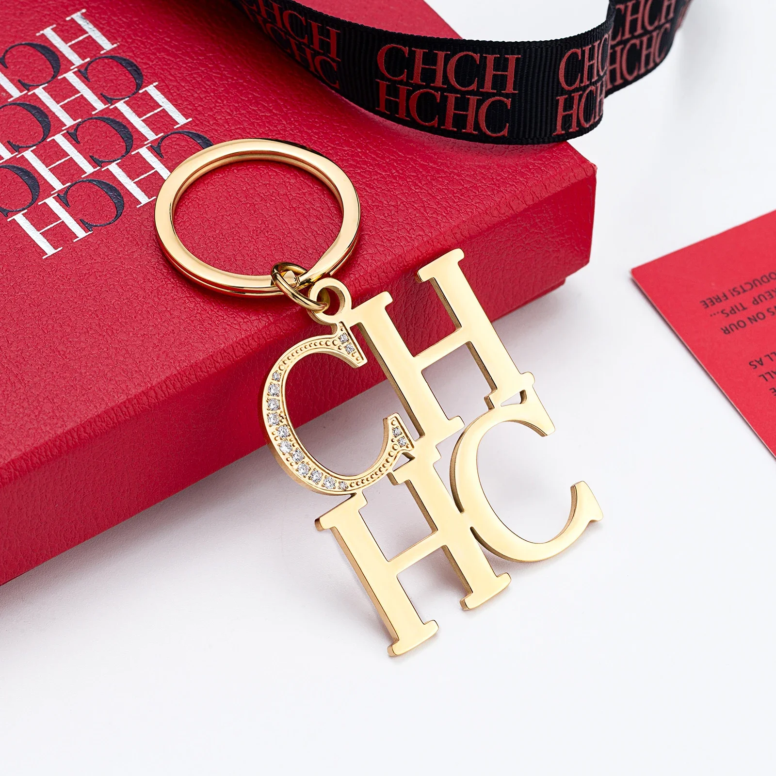 CH Keychain Gold Crystal Decorated Letter Pendant Waterproof Durable Keyring with Gift Box Luxury Bag & Car Key Accessory