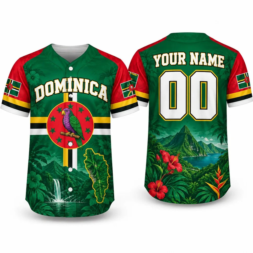 Dominica Baseball Jersey Rainforest Inspired Jerseys Shirt with Sisserou Parrot Artwork Custom Name Number Unisex Shirts