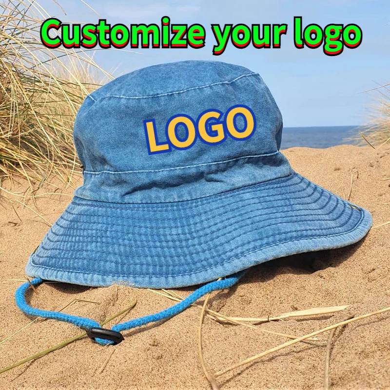 Customized Logo Bob Cowboy Hiking Bucket Hat with String Men Denim Beach Sun Hat Outdoor Couple Bob Panama Fisherman Hat