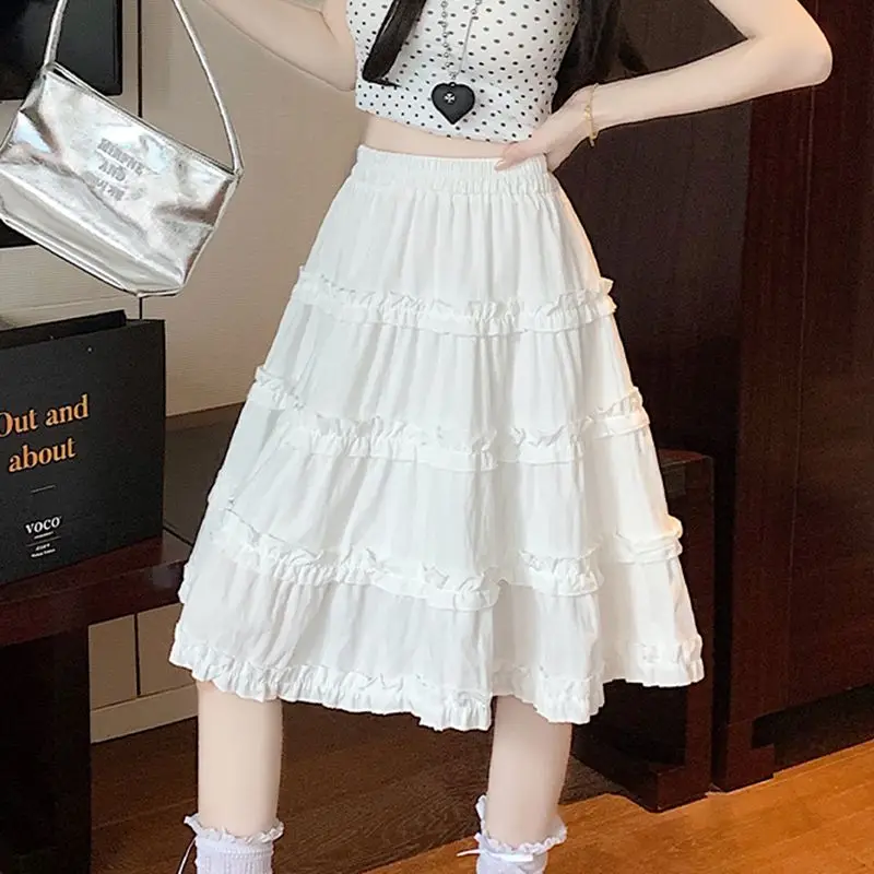 여름 미디 기장 볼 가운 블랙 스커트 여성 캐주얼 한국 스타일 Y2k 의류 빈티지 슬림 여성 주름 A라인 화이트 스커트