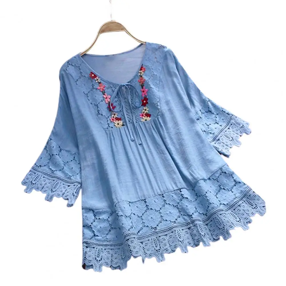 

Casual Blouse Trendy Thin Casual Shirt Crochet Embroidery Lace Splicing Flower Decor Summer Shirt Female Clothing