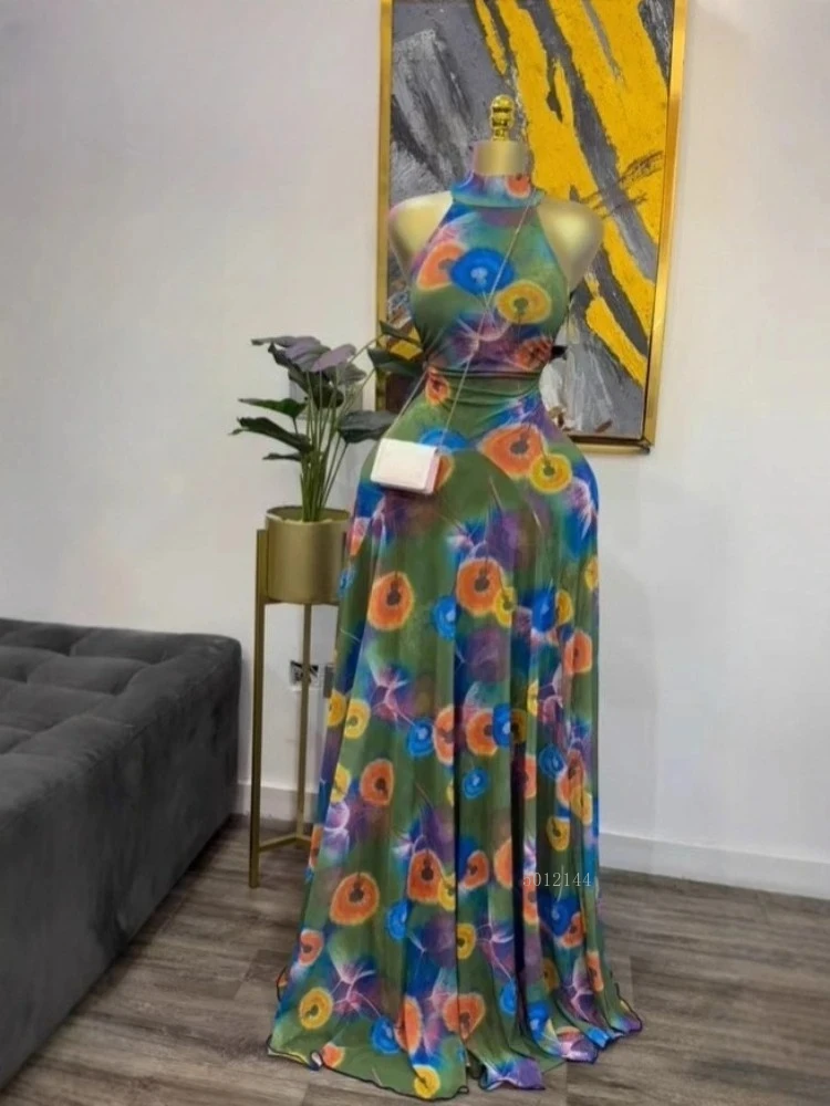 Elegancka sukienka maxi na jesień 2026, damska, bez rękawów, z okrągłym dekoltem, z nadrukiem, o kroju syreny, długa, koktajlowa, wieczorowa, urodzinowa, plażowa, seksowna, na imprezę nocną.