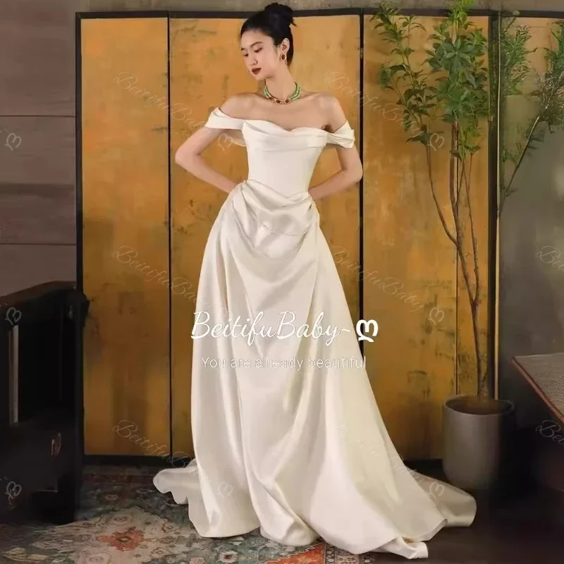 

BeitifuBaby Wedding Dress for Brides French Style Off-shoulder Sleeveless Lace-up Banquet Stain Prom Dresses for Women Vestidos