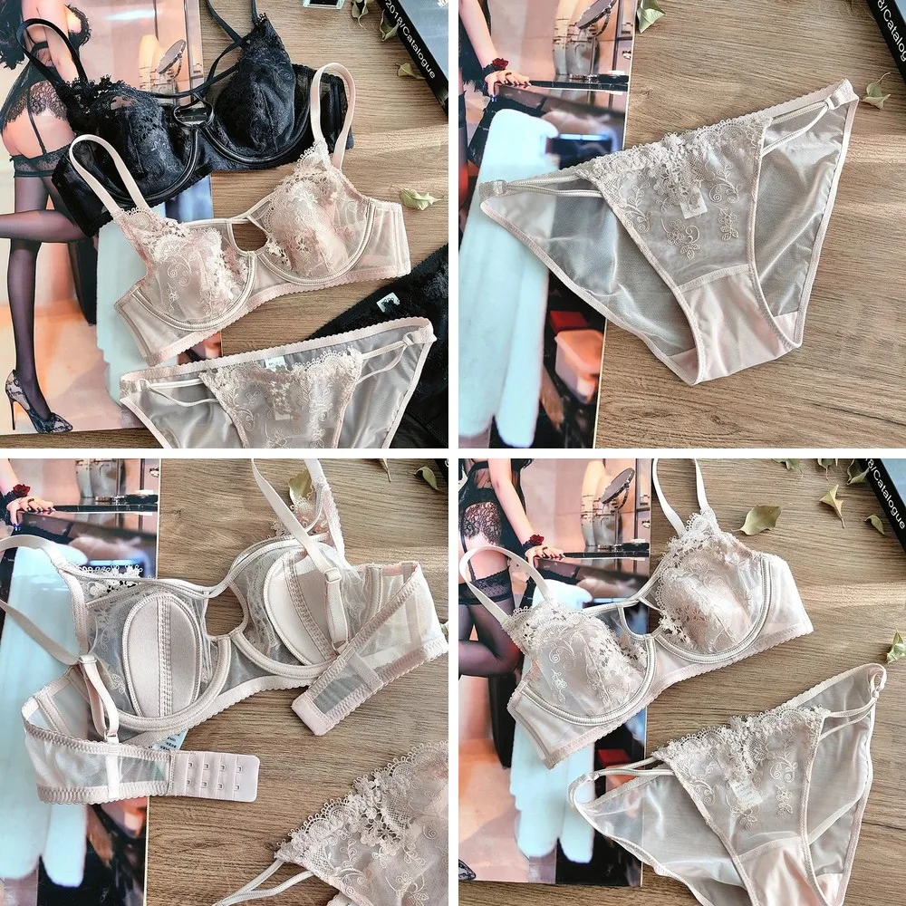 Ultra Thin Triangle Cup Lingerie Set for Women, Soft Underwire Push Up Bra for Large Breasts