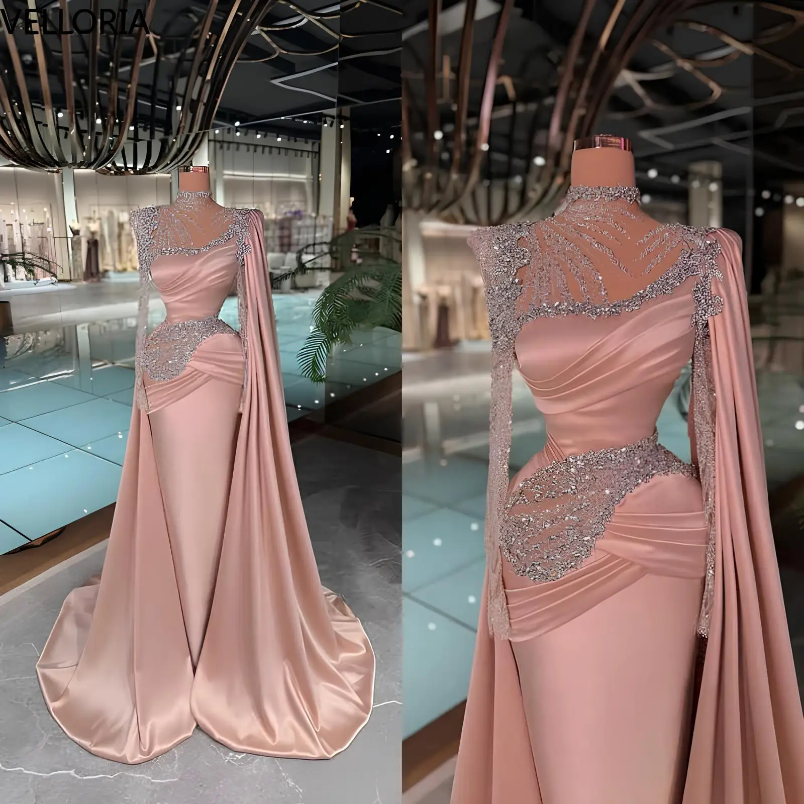 Elegant High Neck Mermaid Evening Dresses Long Sleeve Floor Length Prom Gowns Crystals Special Occasion Party Dress Customized