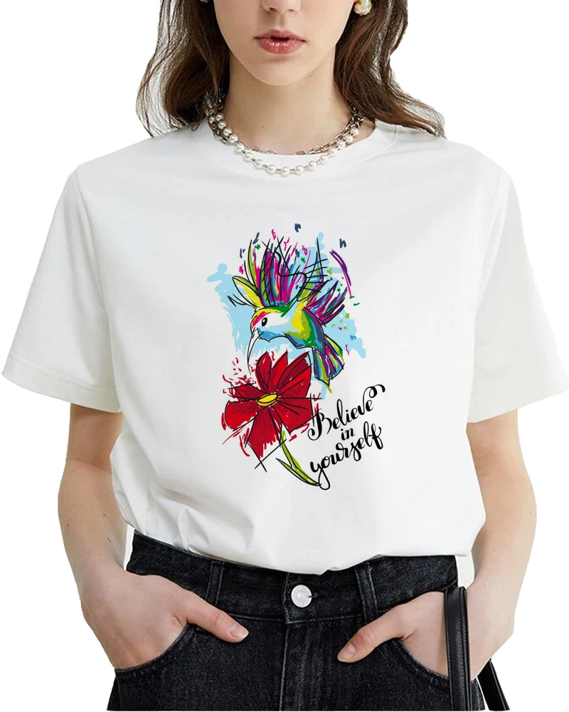 Bird and Flower Art T-shirt Hot Sale Casual Top Tees Summer Cool Short Sleeve Clothing Original Brand Shirts Women A087